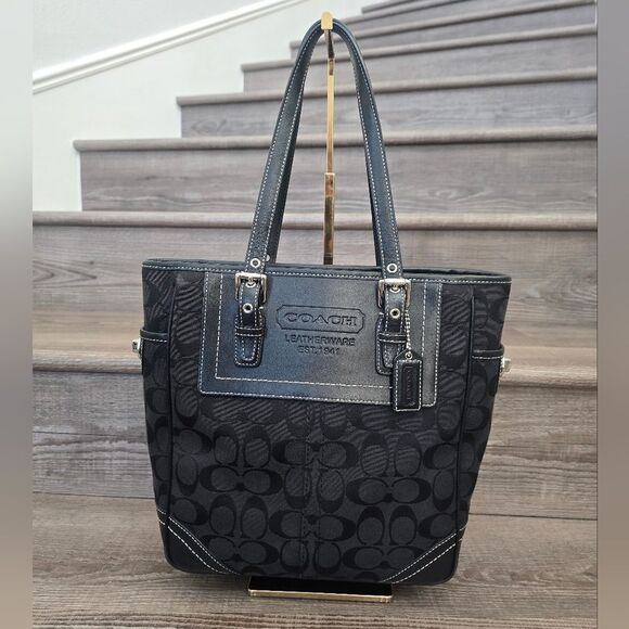 Coach Leatherware Signature Black Canvas Leather Trim Top Handle Tote Bag - Picture 1 of 11